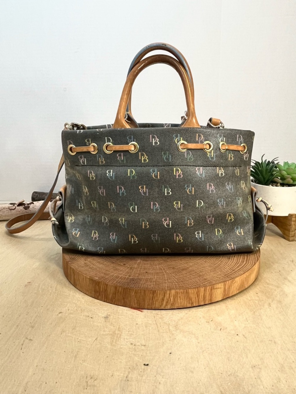 Vintage Dooney & Bourke All Weather Leather Satchel Brown Tan Brass Duck Fob - Picture 4 of 16